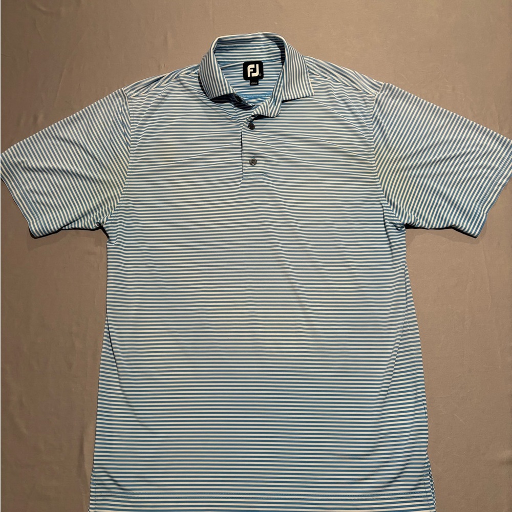 FootJoy Men's Performance Golf Polo Shirt L Blue White Striped FJ Short Sleeve